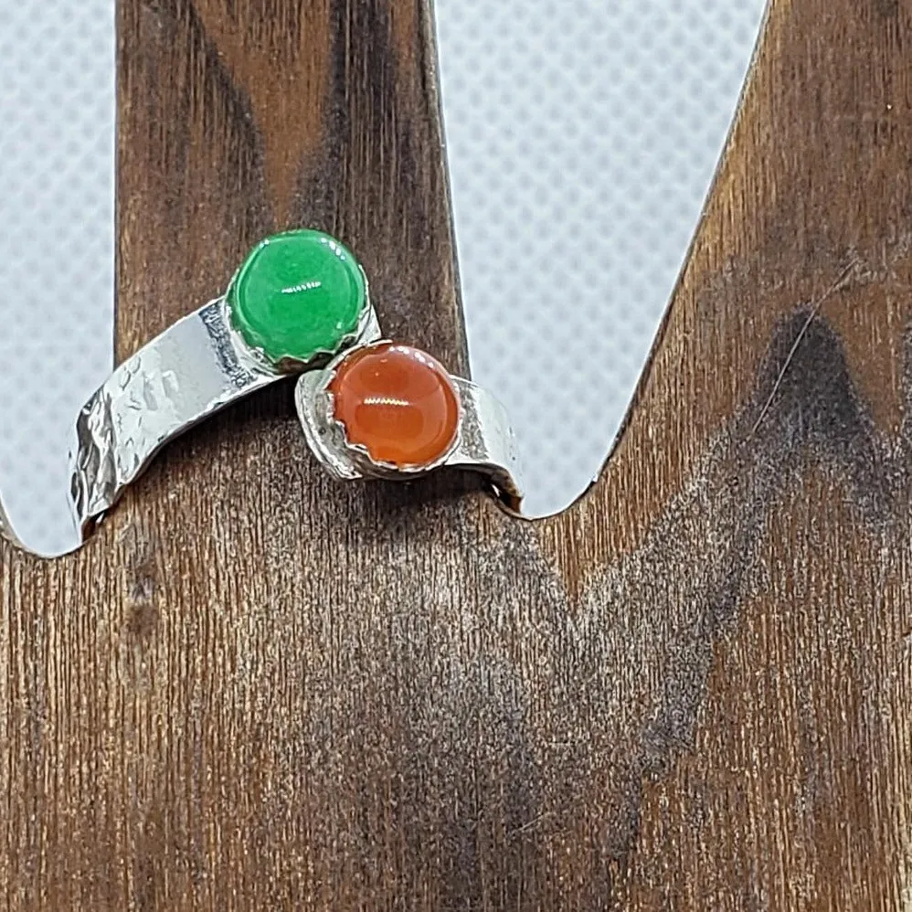 Handmade Hammered .925 Sterling Silver Bypass Chakra Ring – Sacral & Heart Cabochons