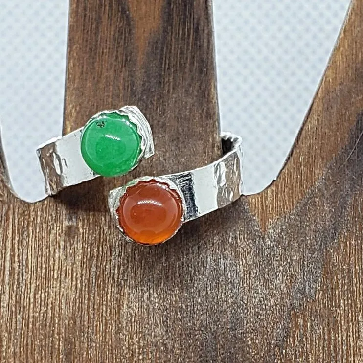 Handmade Hammered .925 Sterling Silver Bypass Chakra Ring – Sacral & Heart Cabochons