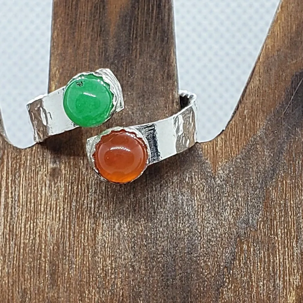 Handmade Hammered .925 Sterling Silver Bypass Chakra Ring – Sacral & Heart Cabochons