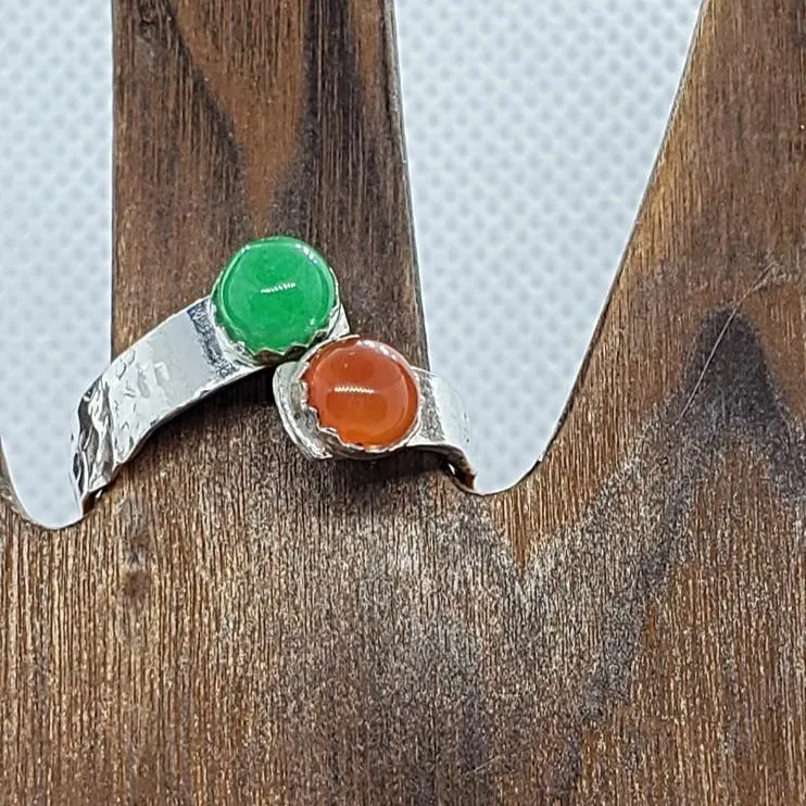 Handmade Hammered .925 Sterling Silver Bypass Chakra Ring – Sacral & Heart Cabochons