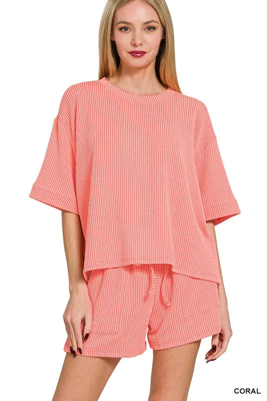 Joyful Vibes Coral Ribbed Corded Shorts