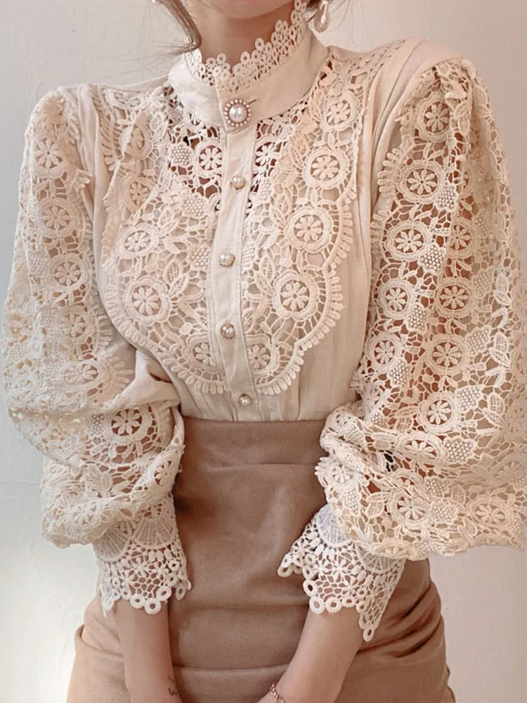 Lace Patchwork Hollow Out Shirt Blouse Long Sleeve O-Neck Mesh Tops 2023