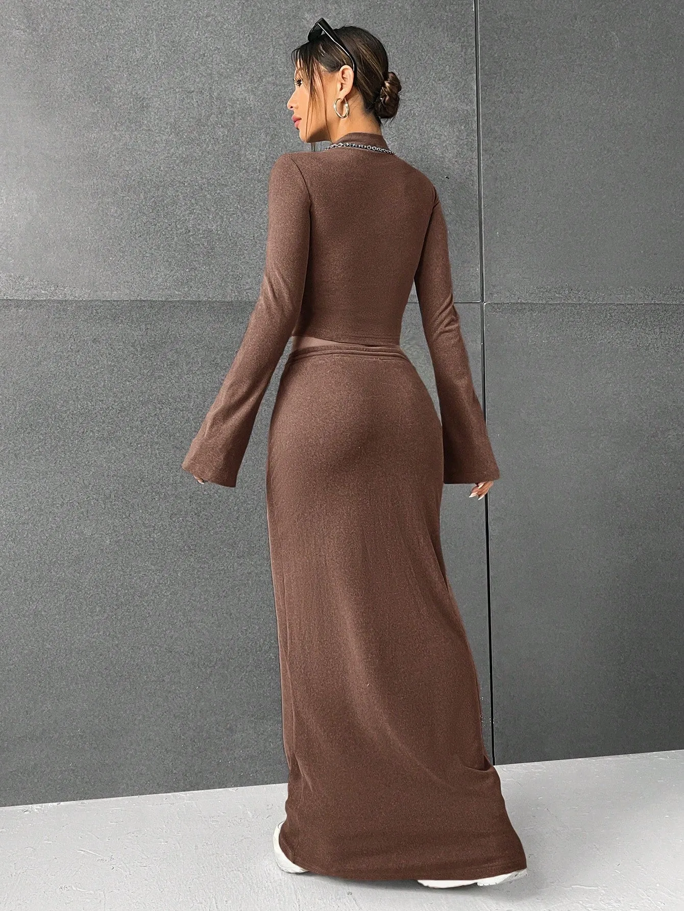 Lana EZwear Mock Neck Long Sleeves Crop Tee & Drawstring Waist Long Skirt