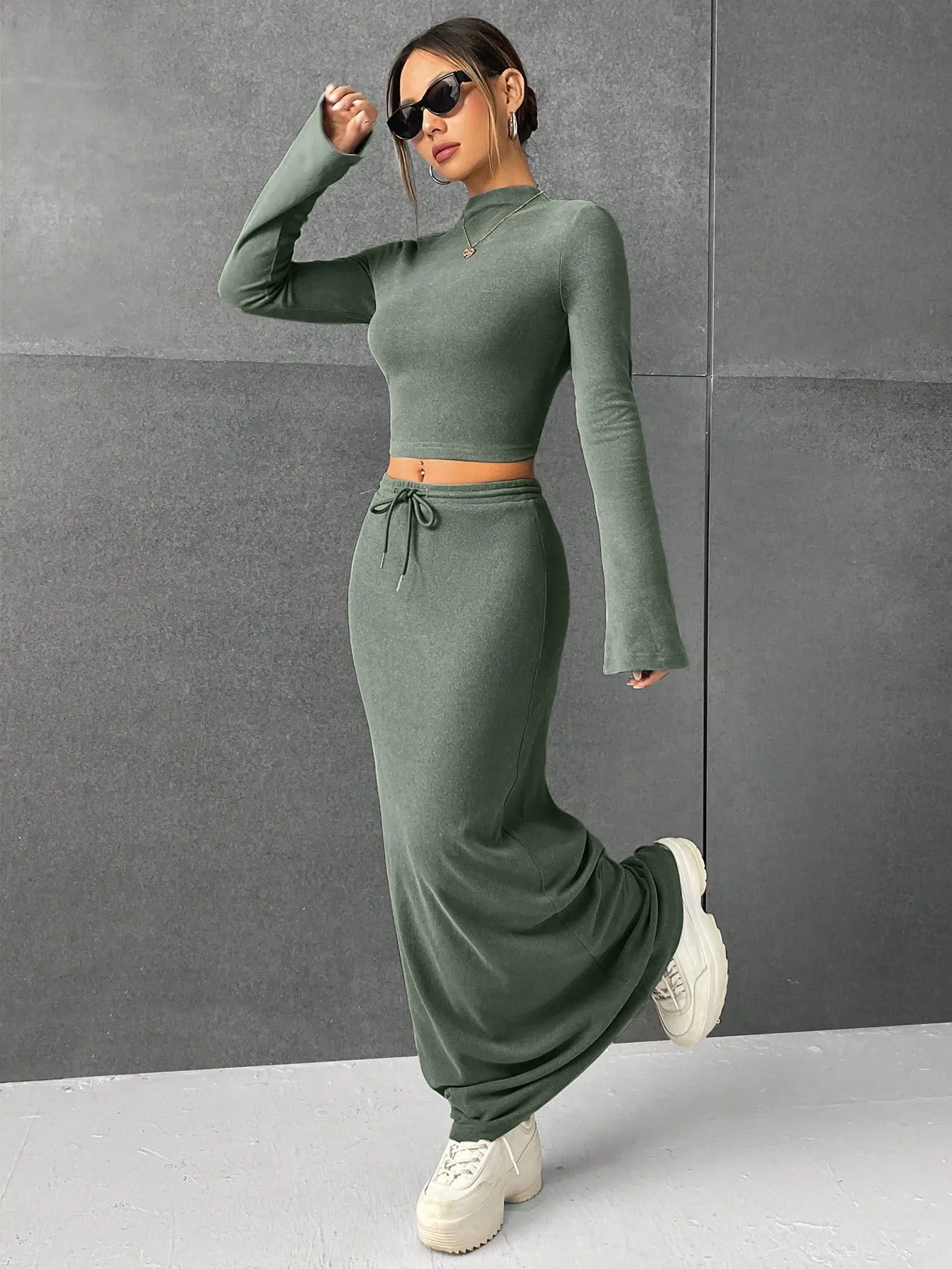 Lana EZwear Mock Neck Long Sleeves Crop Tee & Drawstring Waist Long Skirt