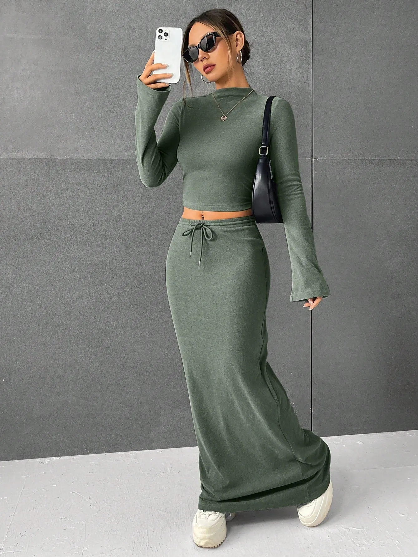 Lana EZwear Mock Neck Long Sleeves Crop Tee & Drawstring Waist Long Skirt