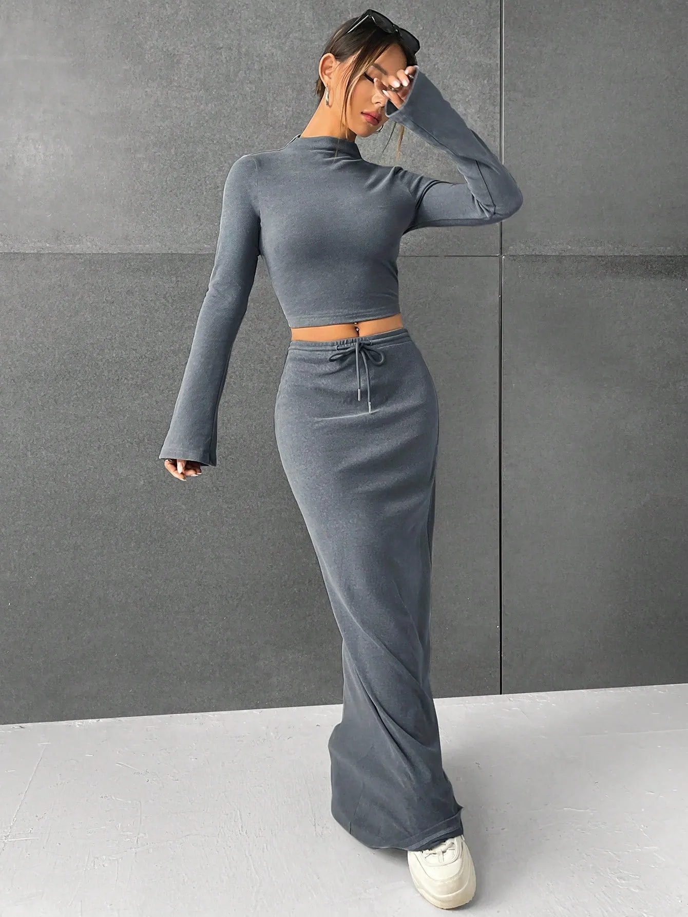 Lana EZwear Mock Neck Long Sleeves Crop Tee & Drawstring Waist Long Skirt
