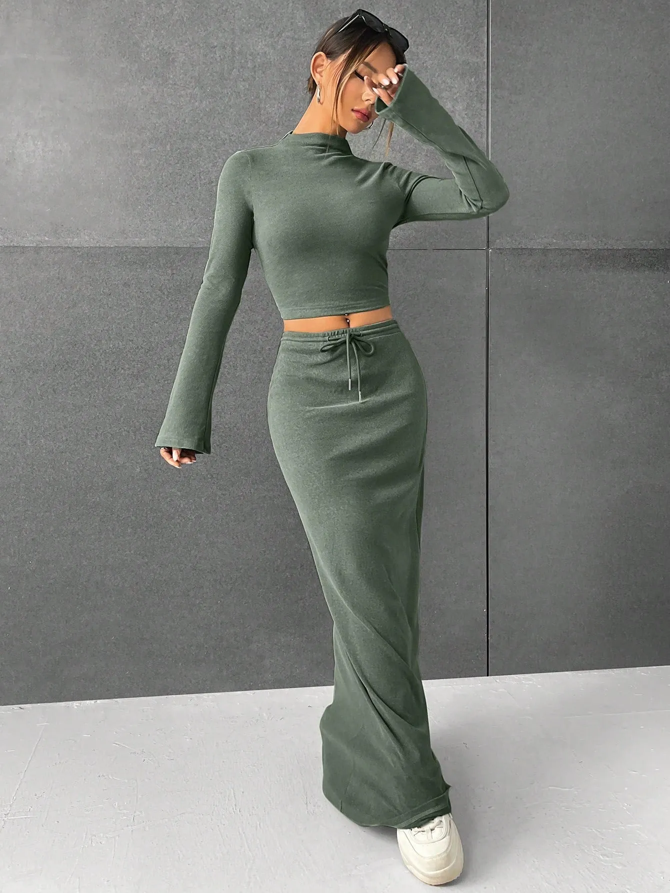 Lana EZwear Mock Neck Long Sleeves Crop Tee & Drawstring Waist Long Skirt