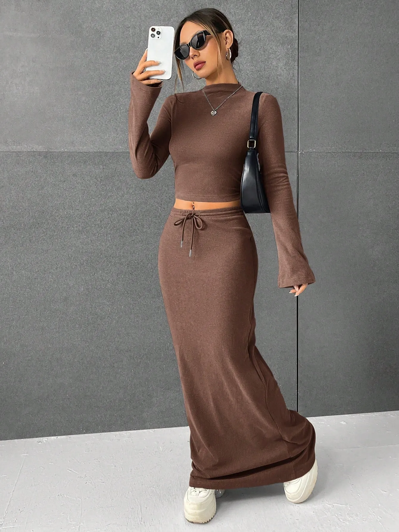 Lana EZwear Mock Neck Long Sleeves Crop Tee & Drawstring Waist Long Skirt