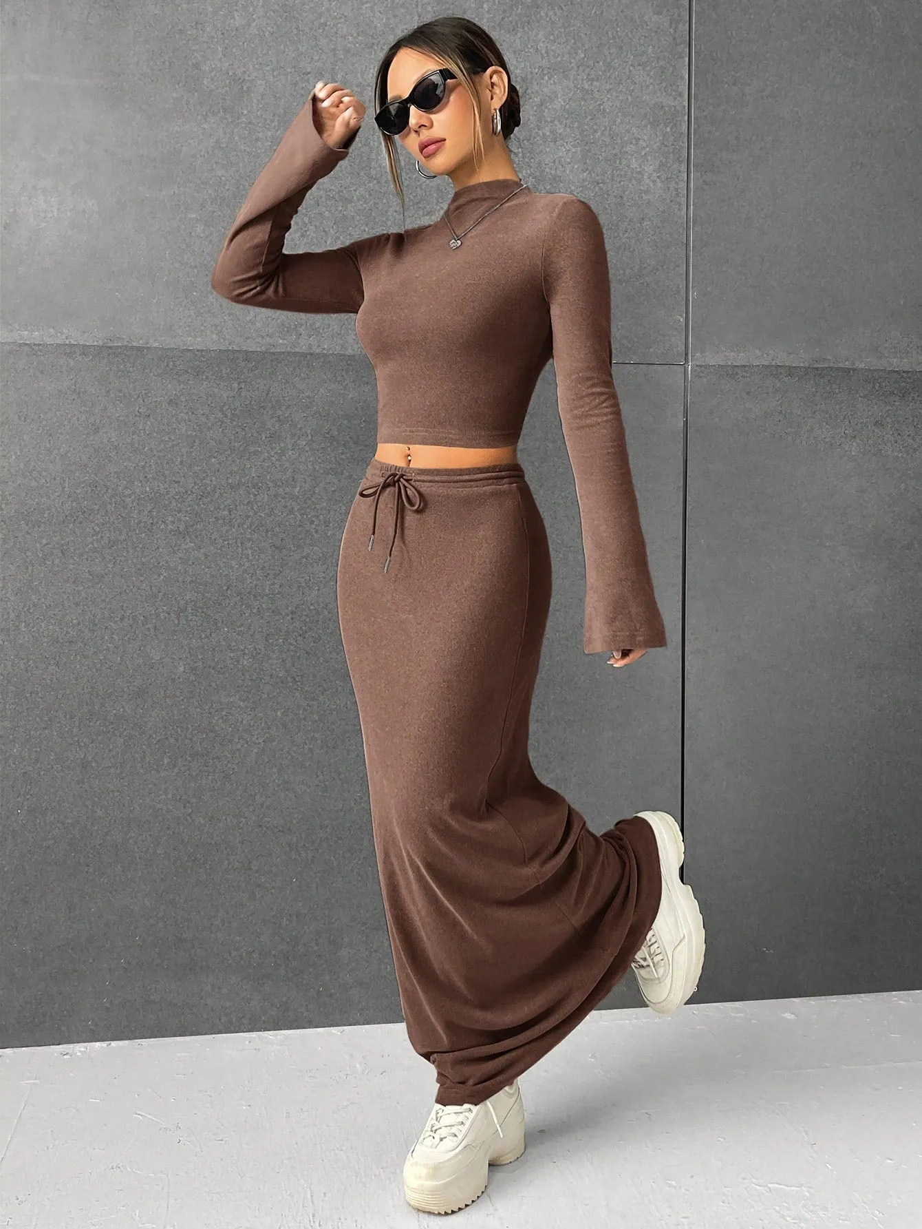 Lana EZwear Mock Neck Long Sleeves Crop Tee & Drawstring Waist Long Skirt