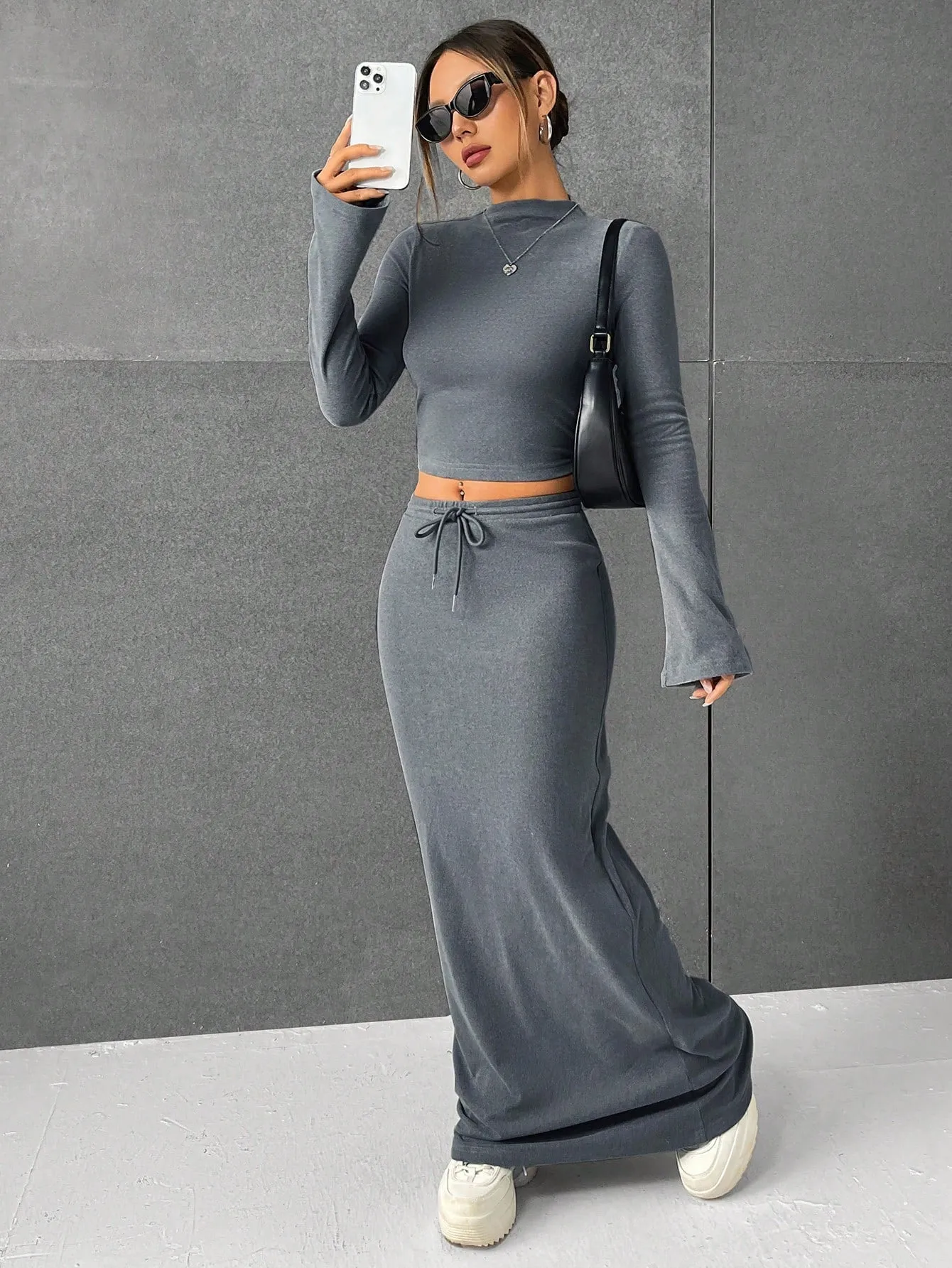 Lana EZwear Mock Neck Long Sleeves Crop Tee & Drawstring Waist Long Skirt