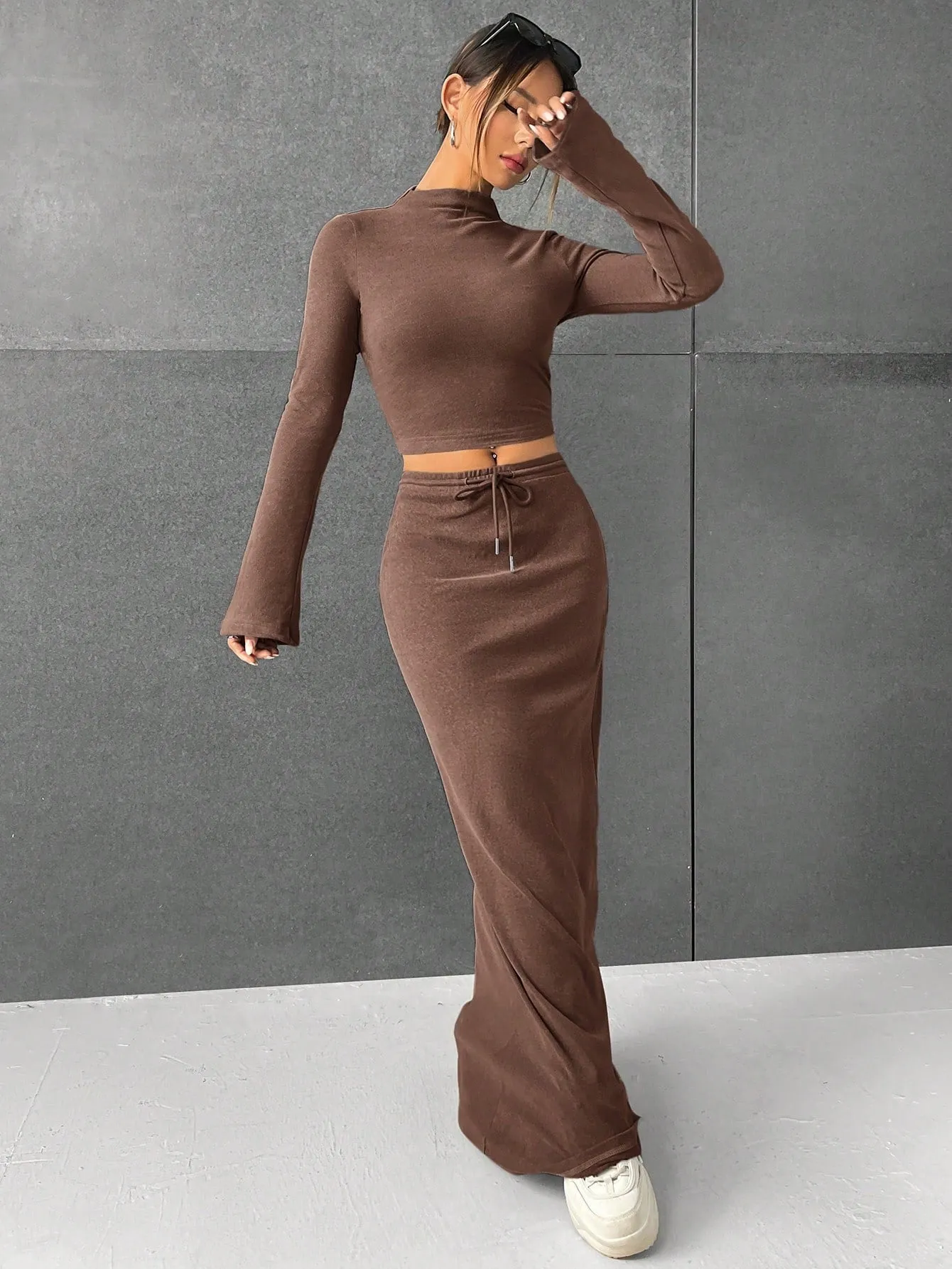Lana EZwear Mock Neck Long Sleeves Crop Tee & Drawstring Waist Long Skirt