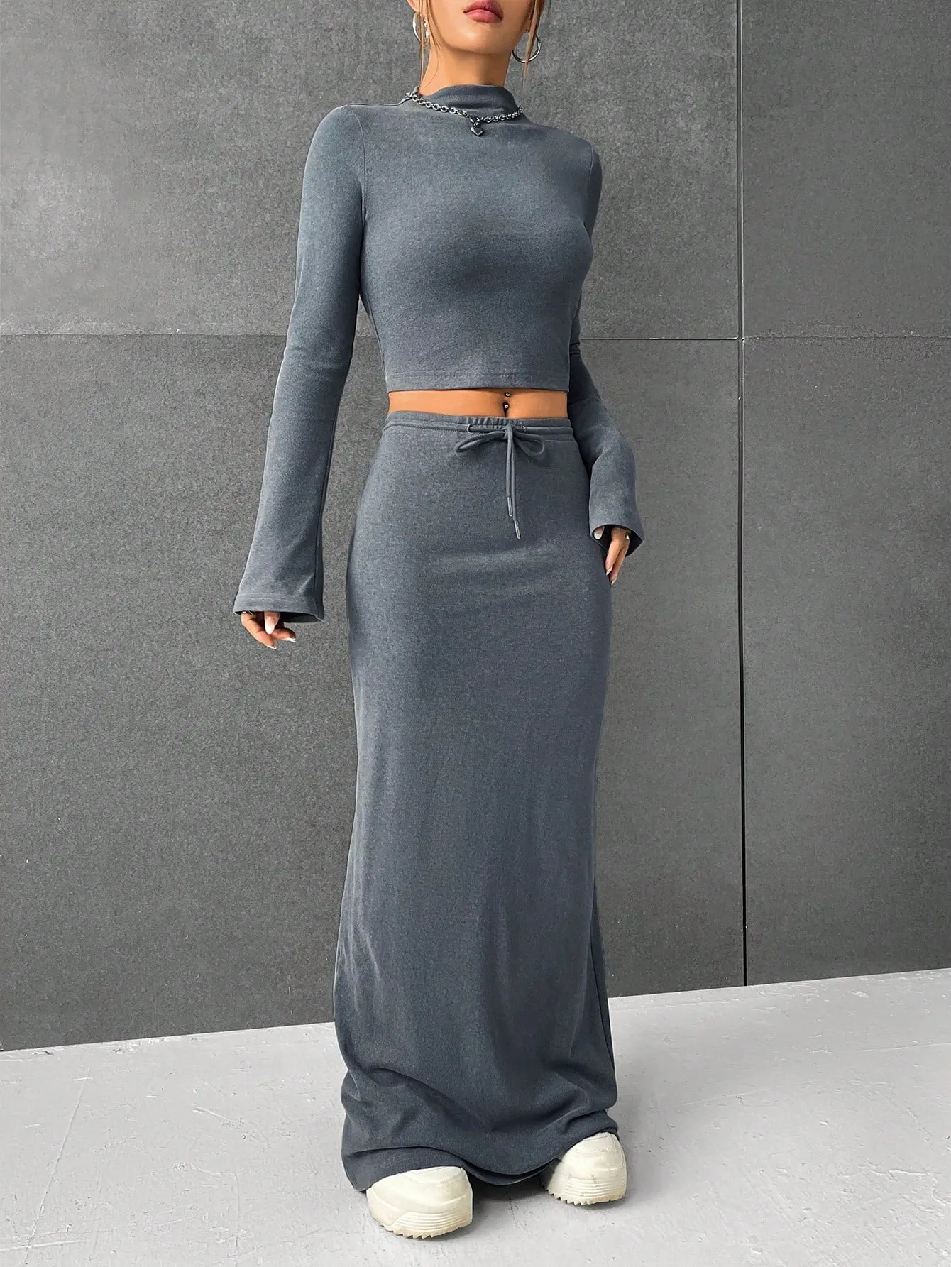 Lana EZwear Mock Neck Long Sleeves Crop Tee & Drawstring Waist Long Skirt