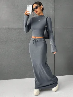 Lana EZwear Mock Neck Long Sleeves Crop Tee & Drawstring Waist Long Skirt