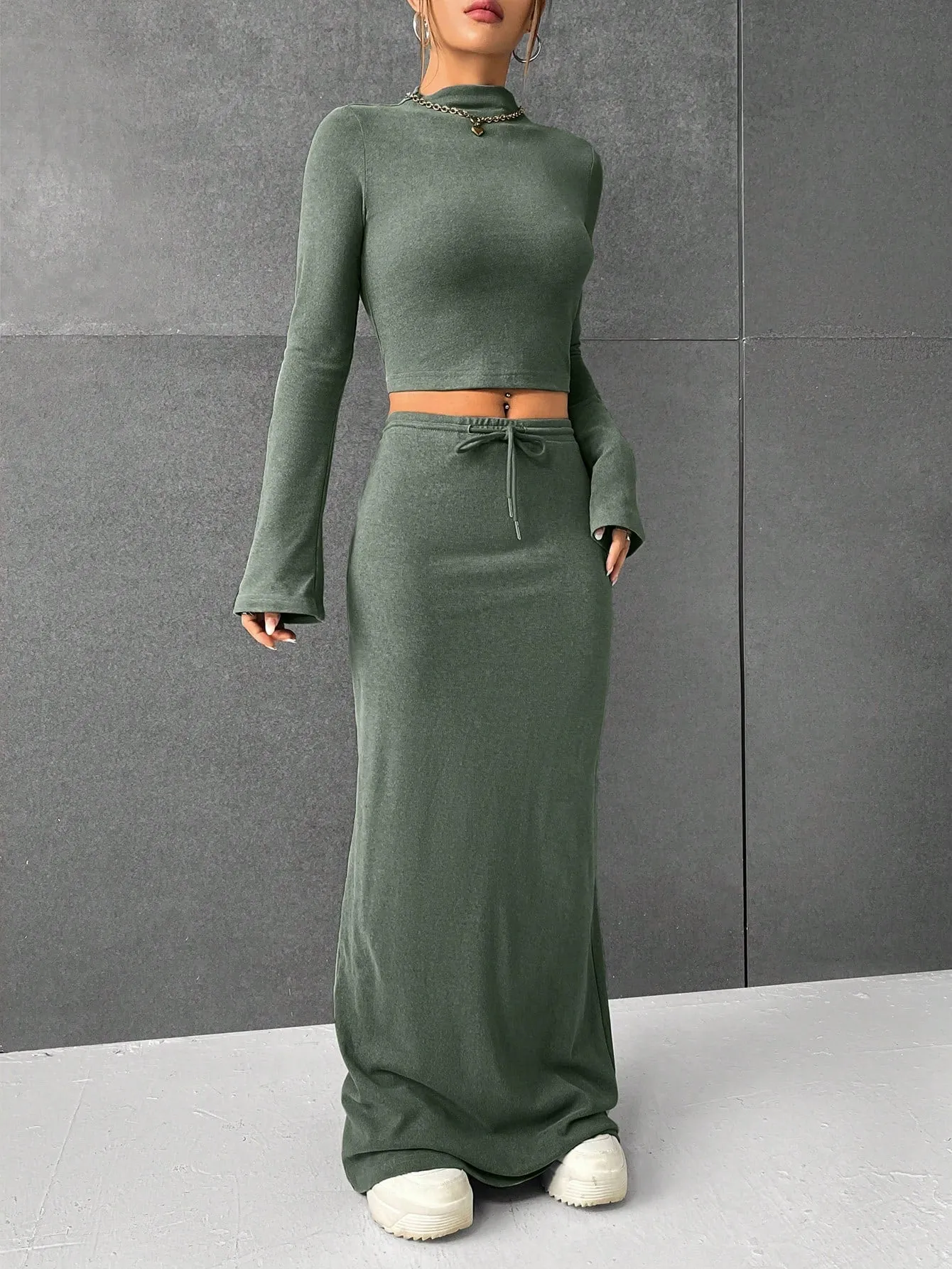 Lana EZwear Mock Neck Long Sleeves Crop Tee & Drawstring Waist Long Skirt