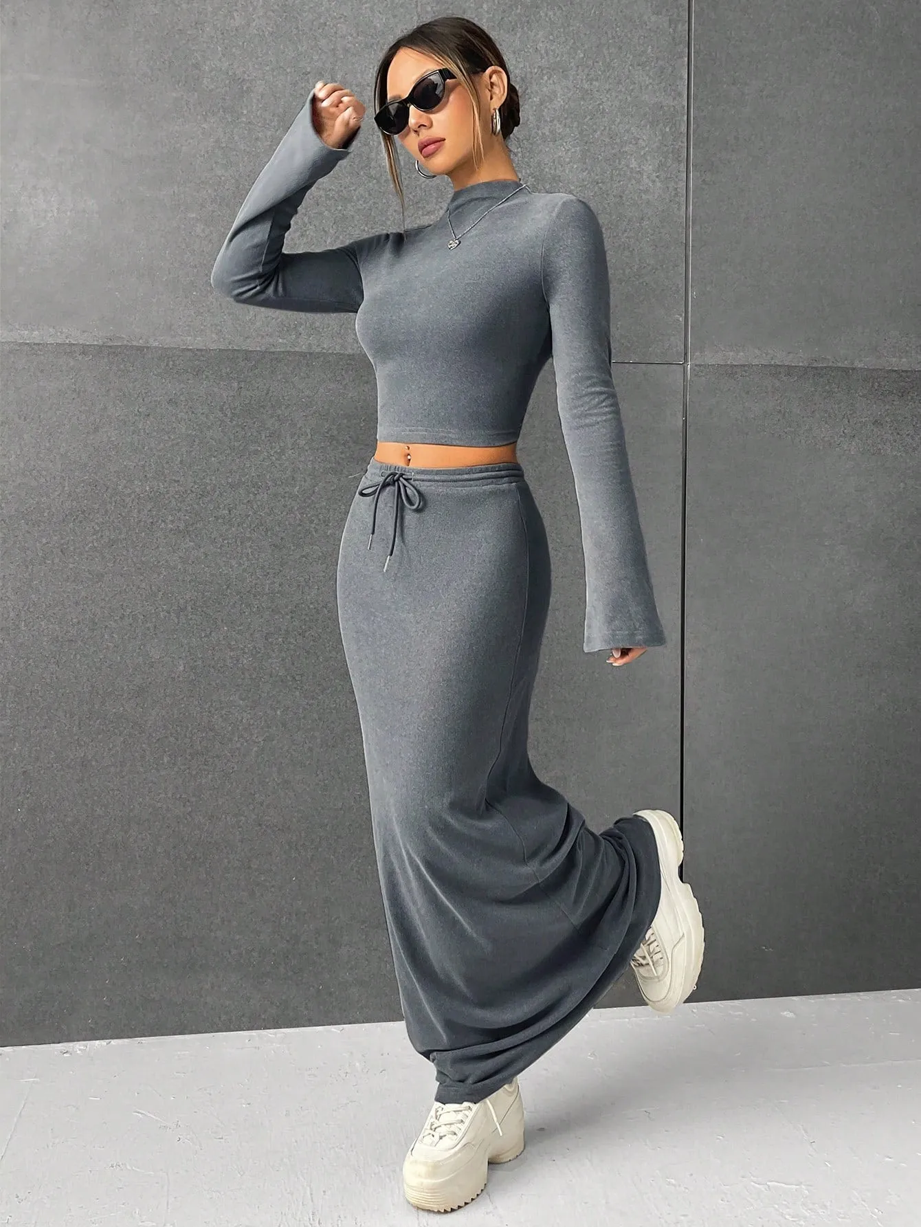 Lana EZwear Mock Neck Long Sleeves Crop Tee & Drawstring Waist Long Skirt