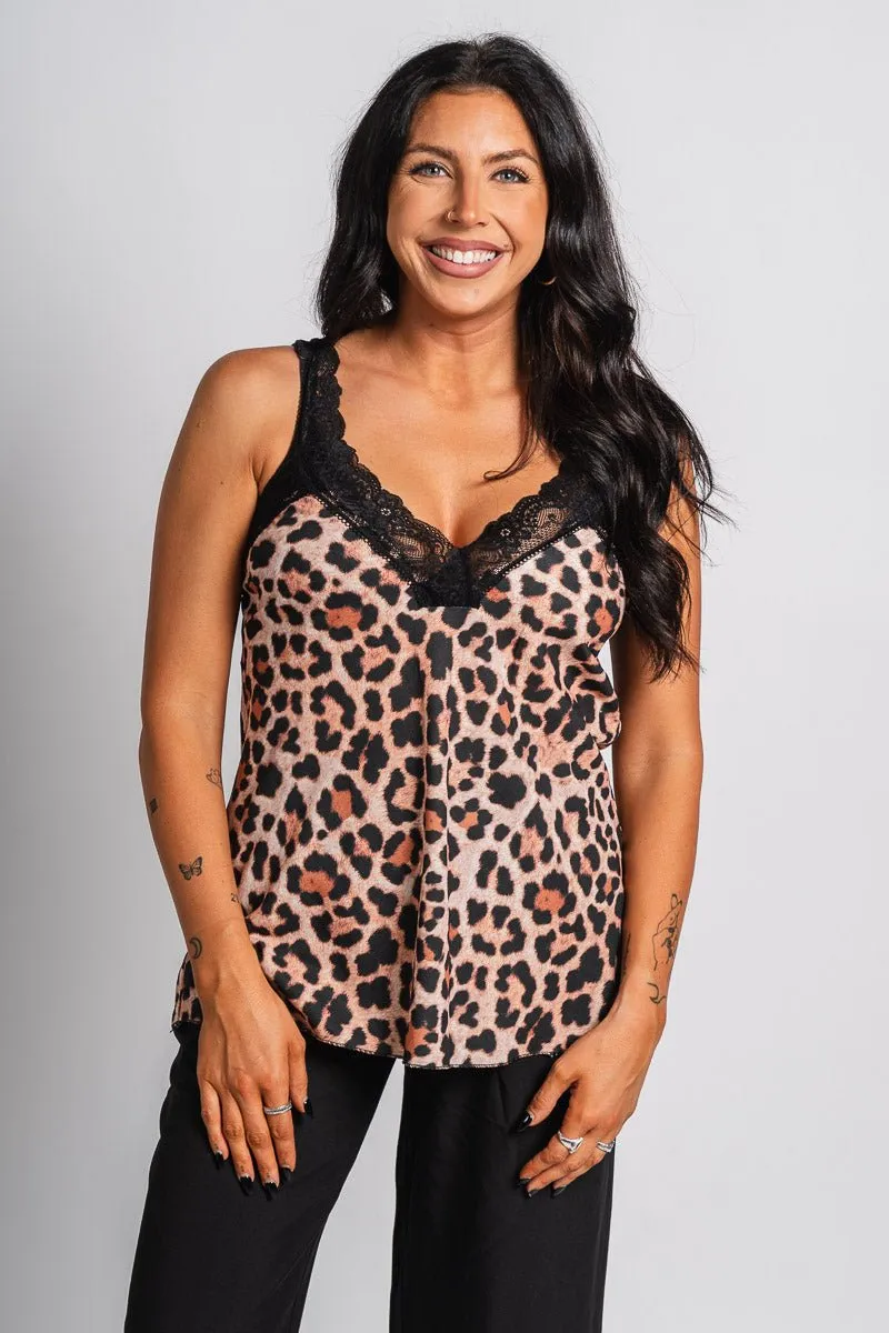 Leopard lace trim tank top black/beige