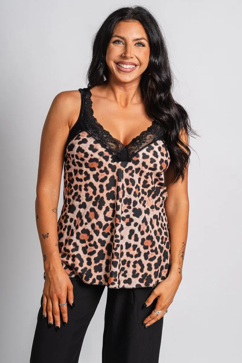 Leopard lace trim tank top black/beige