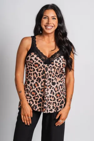 Leopard lace trim tank top black/beige
