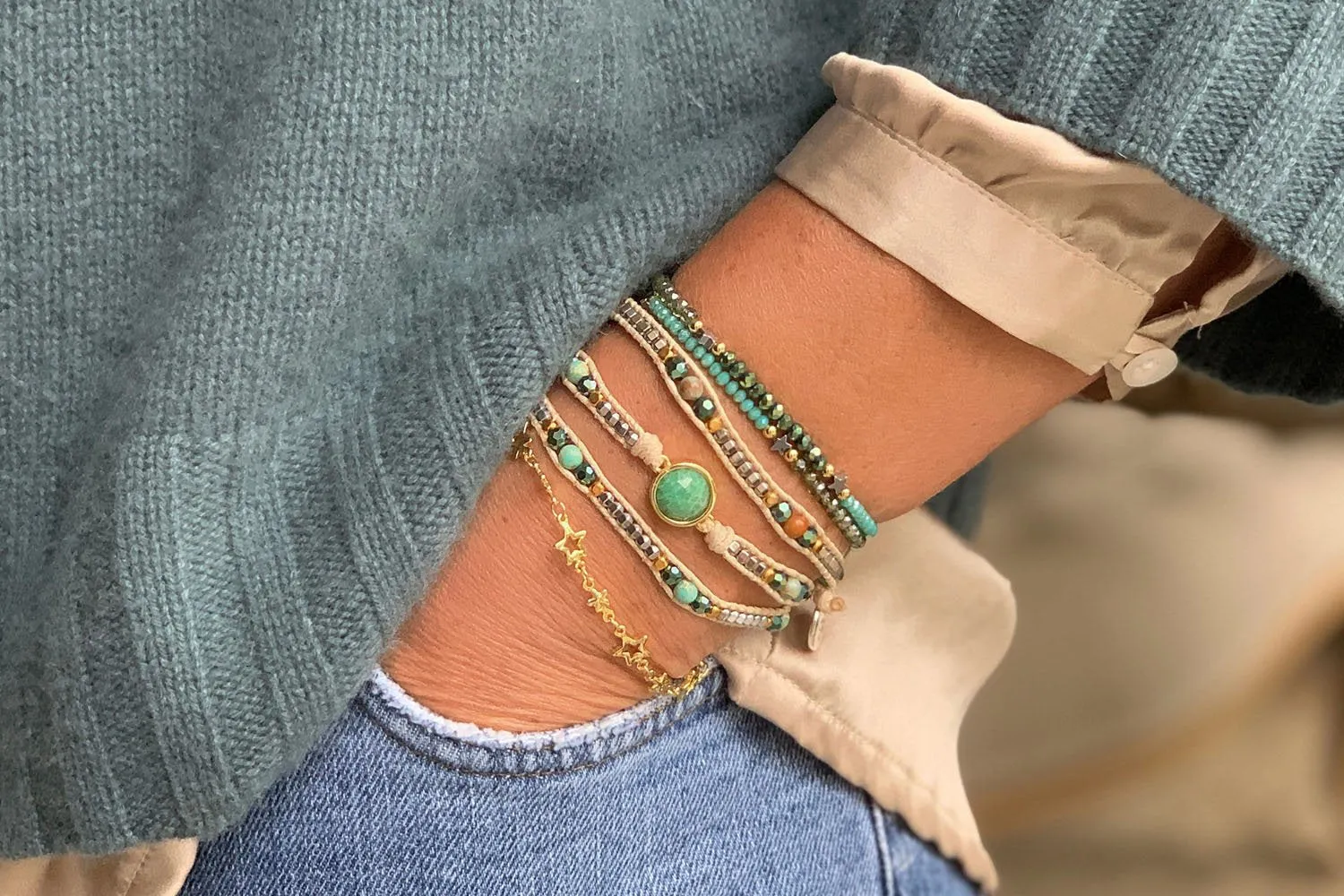 Nerine II Green & Olive Stretch 2  Wrap Bracelet