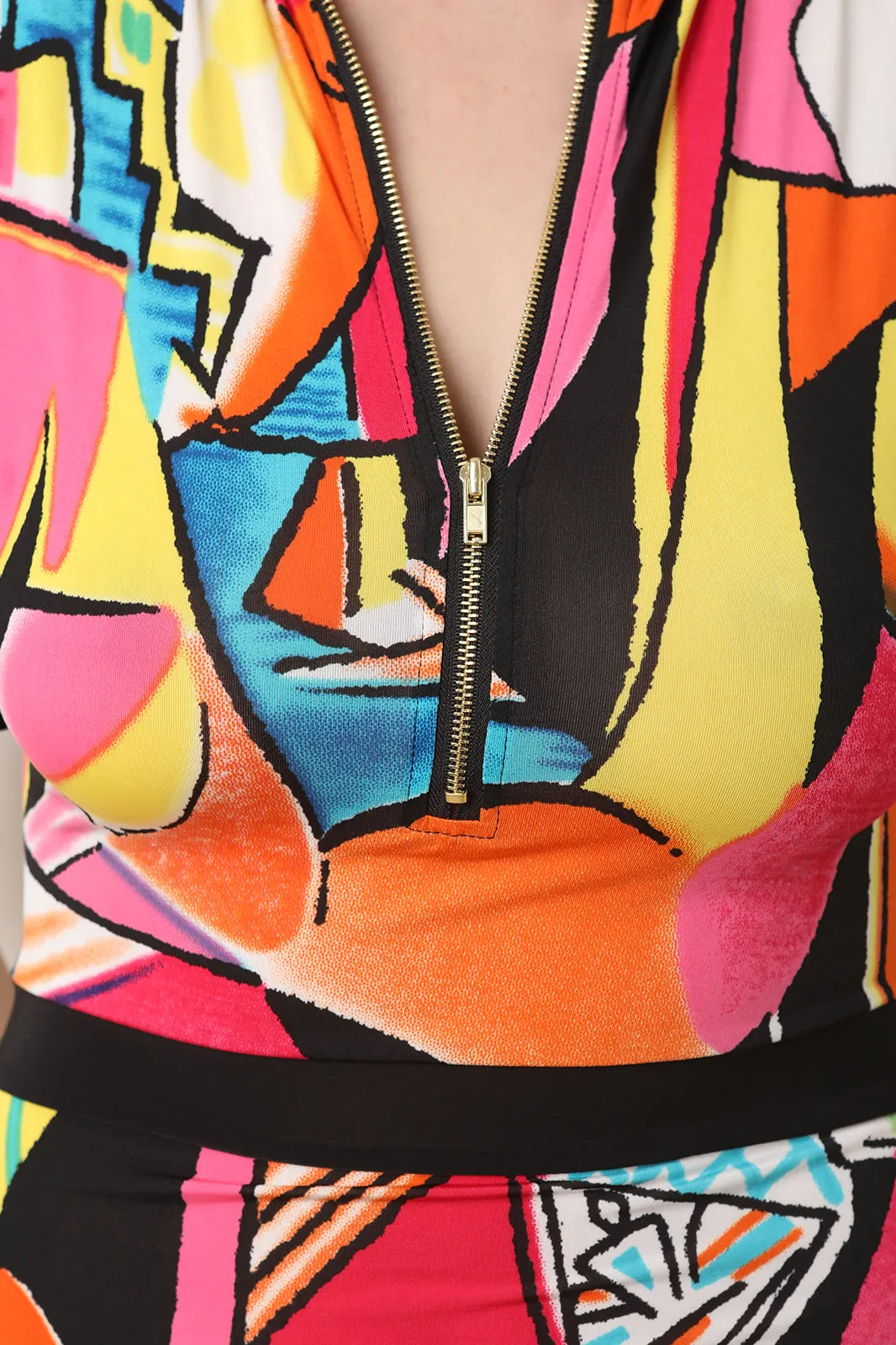 Pop Art Front Zip-Up Ruffled Dress