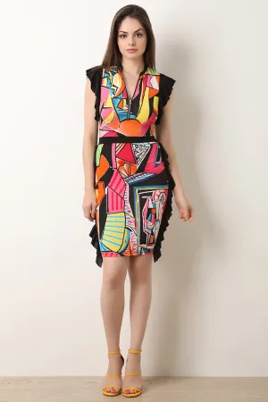 Pop Art Front Zip-Up Ruffled Dress
