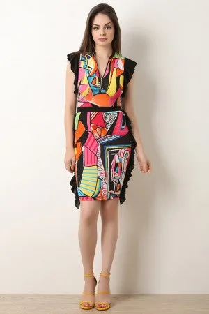 Pop Art Front Zip-Up Ruffled Dress