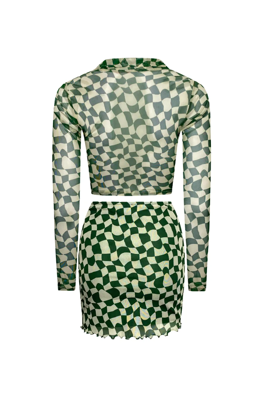 "WAVY CHECKERS" Forest Green & Cream Print Mesh Button-Up Crop Top
