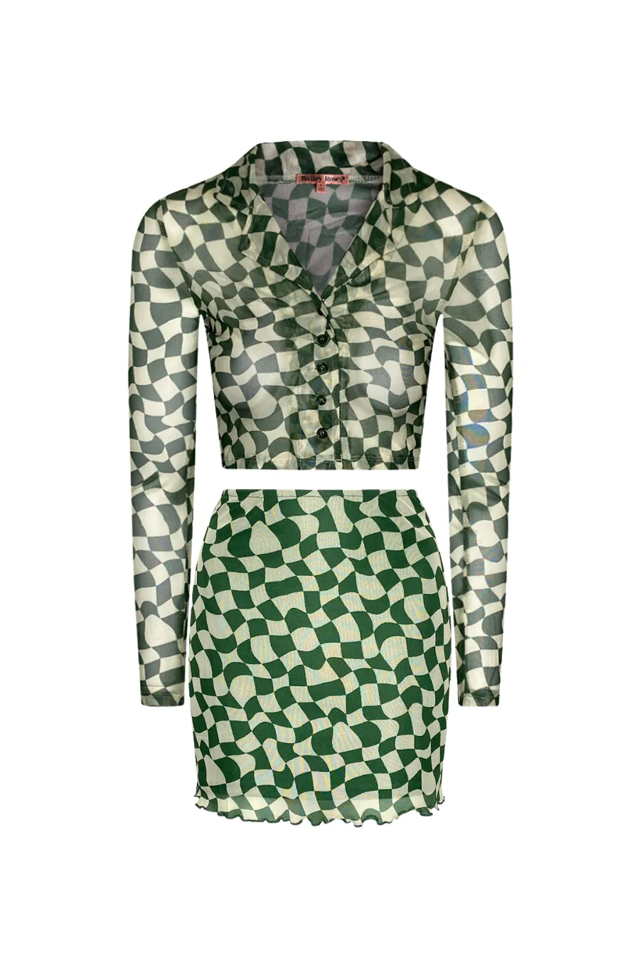 "WAVY CHECKERS" Forest Green & Cream Print Mesh Button-Up Crop Top