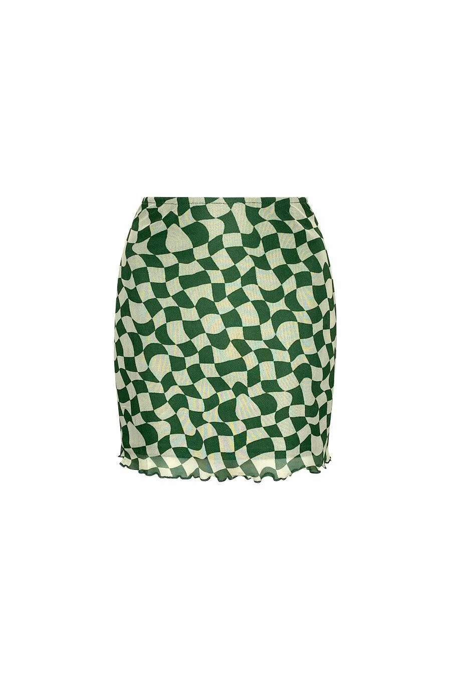 "WAVY CHECKERS" Forest Green & Cream Print Mesh Button-Up Crop Top