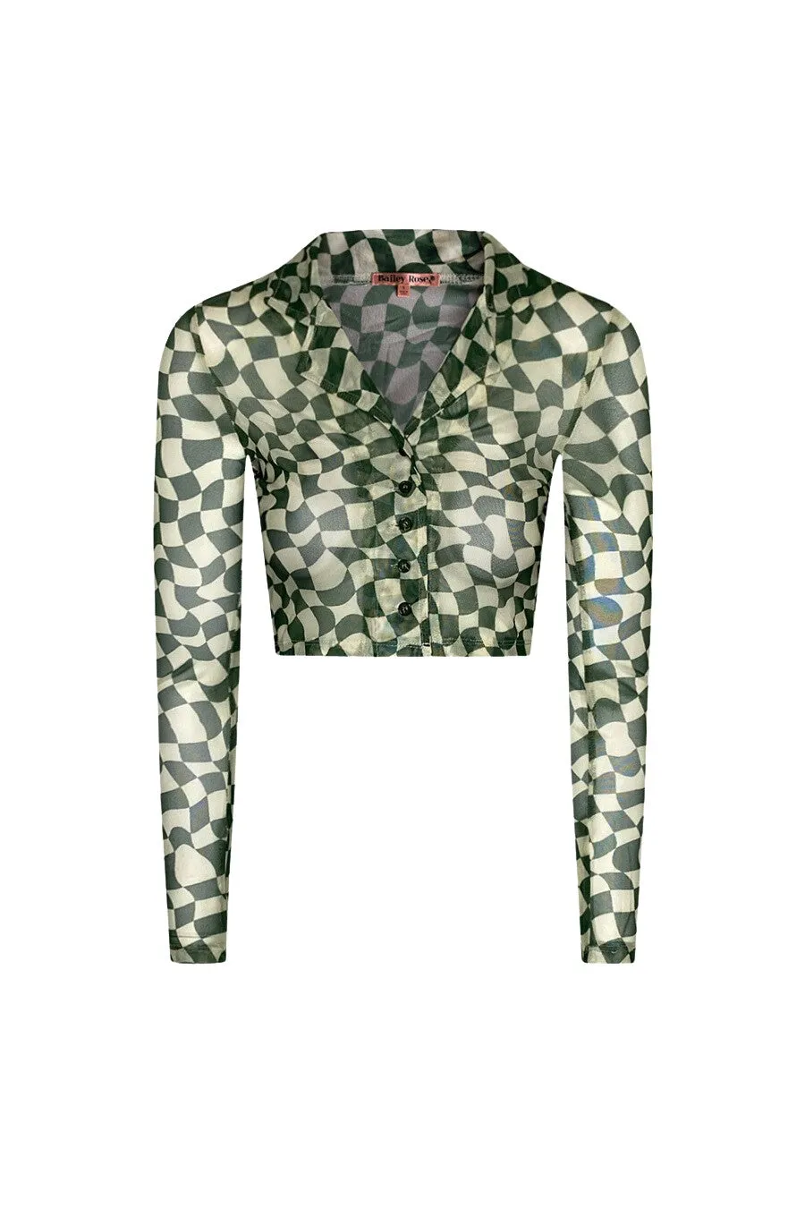 "WAVY CHECKERS" Forest Green & Cream Print Mesh Button-Up Crop Top