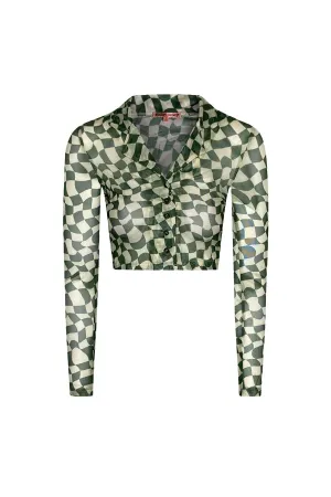 "WAVY CHECKERS" Forest Green & Cream Print Mesh Button-Up Crop Top
