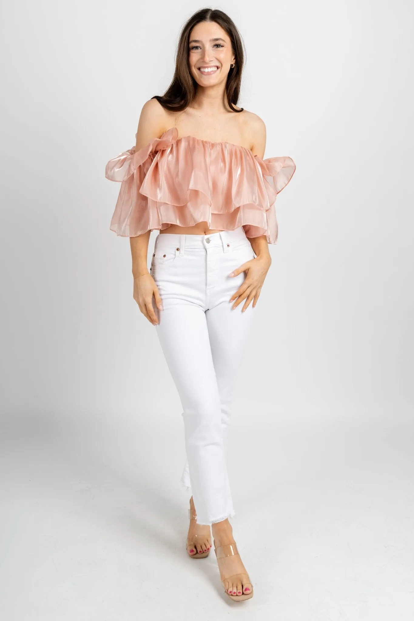 Ruffle off shoulder top blush