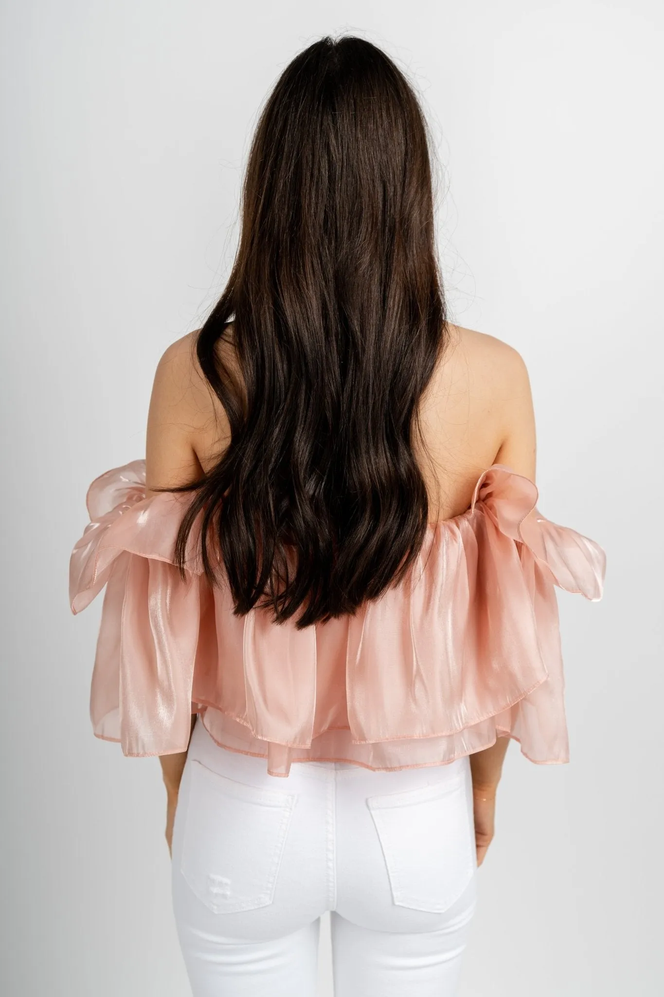 Ruffle off shoulder top blush