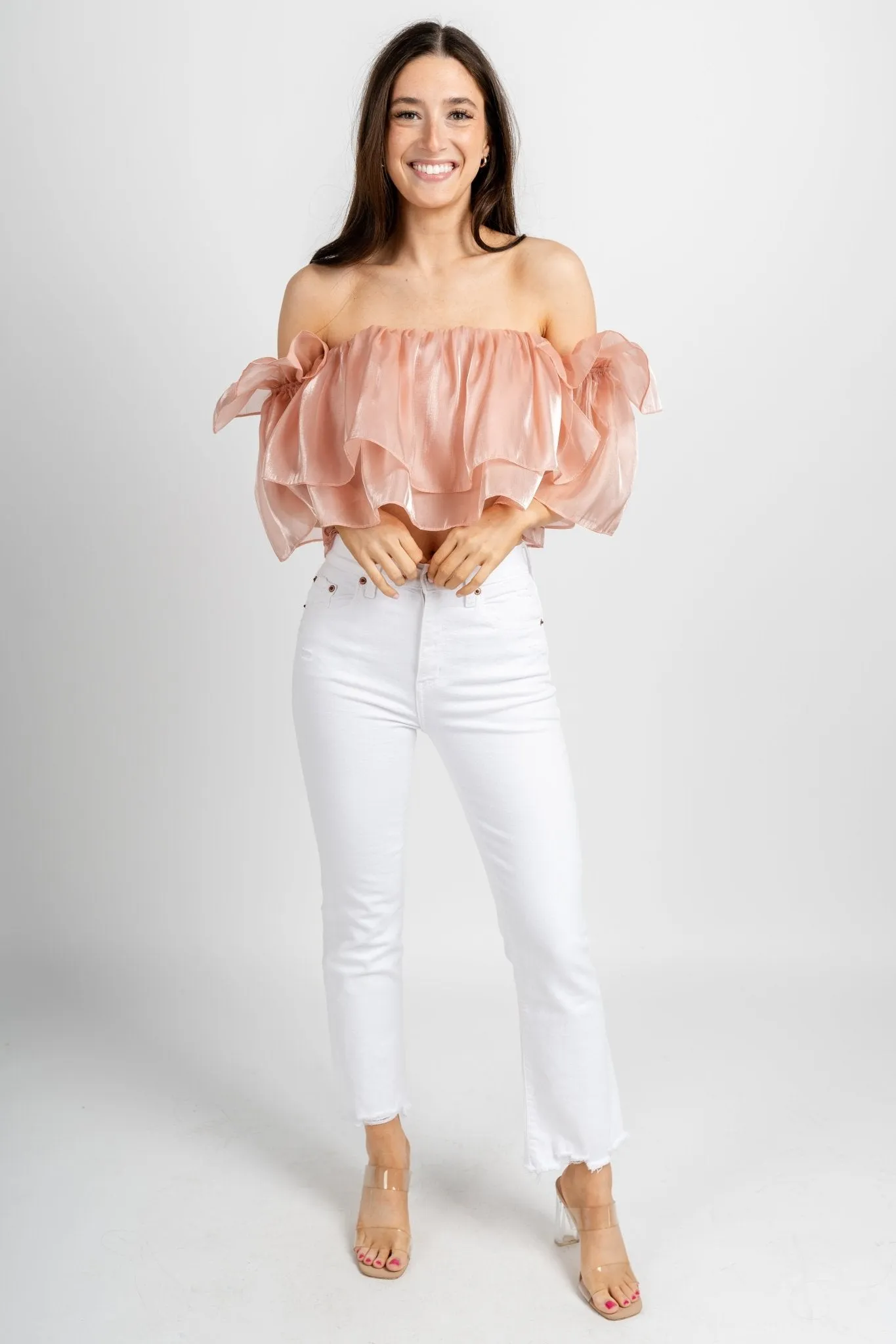 Ruffle off shoulder top blush