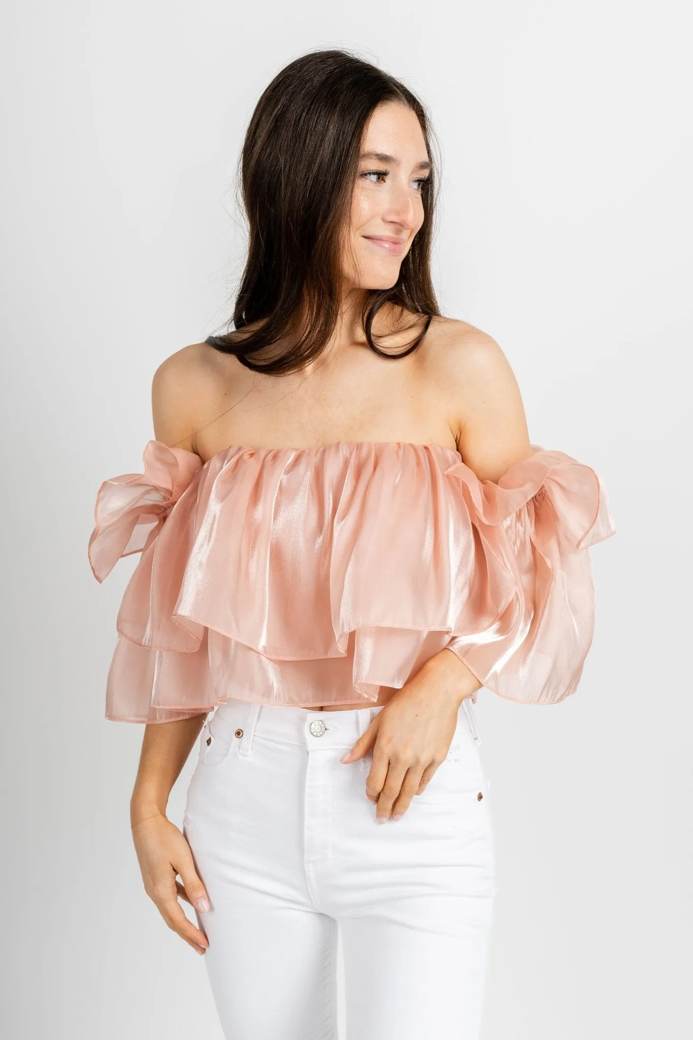Ruffle off shoulder top blush