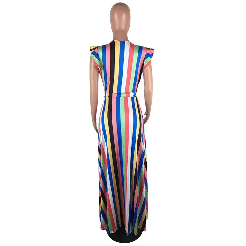 Ruffled Colorful Striped Princess Maxi Dress #Striped #Ruffled #Colorful