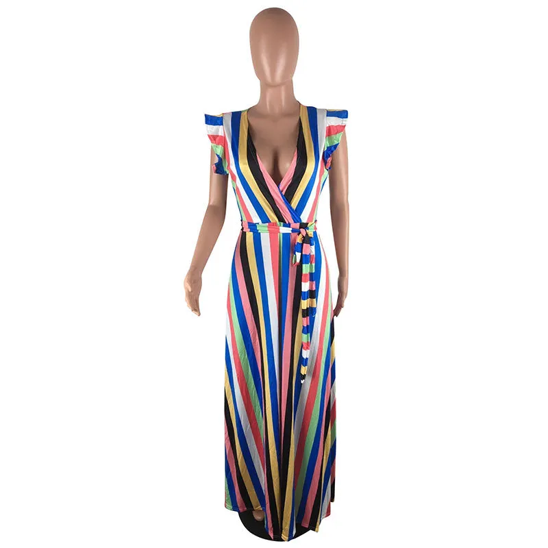 Ruffled Colorful Striped Princess Maxi Dress #Striped #Ruffled #Colorful