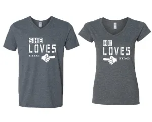 She Loves Me & He Loves Me V-Neck T-Shirts – Couple Matching Styles Sold Separately | Available in Multiple Sizes & Colors