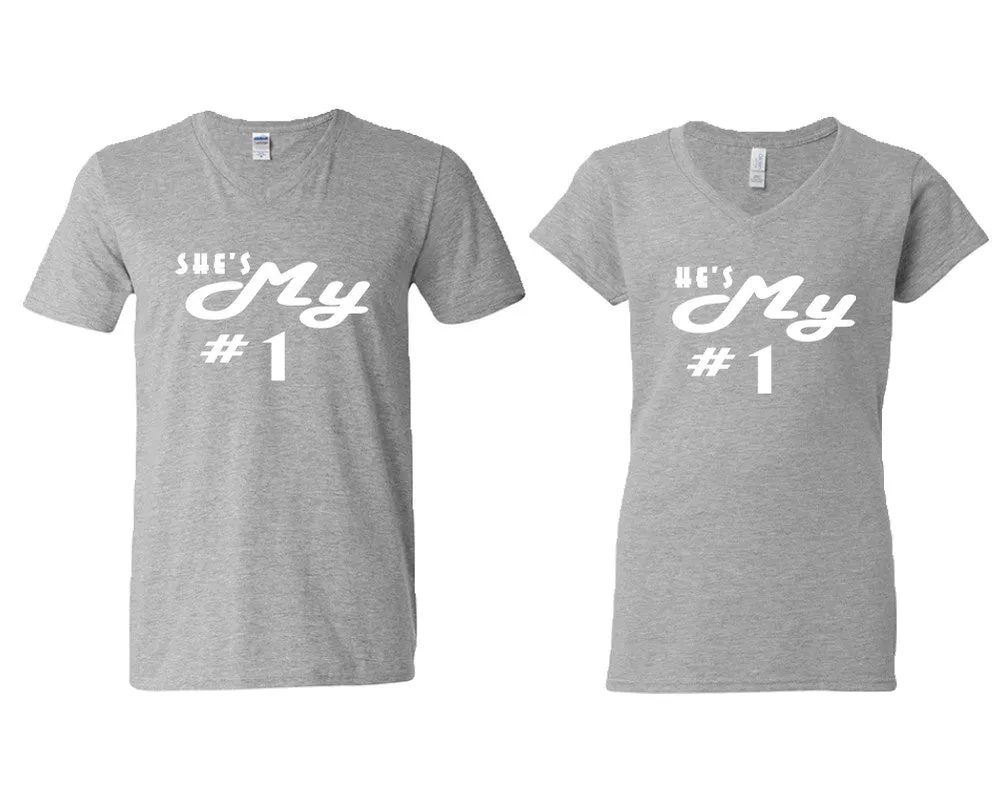 She's My Number & 1 He's My Number 1 V-Neck T-Shirts – Couple Matching Styles Sold Separately | Available in Multiple Sizes & Colors