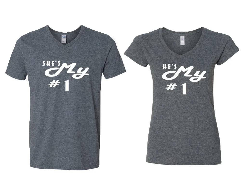 She's My Number & 1 He's My Number 1 V-Neck T-Shirts – Couple Matching Styles Sold Separately | Available in Multiple Sizes & Colors