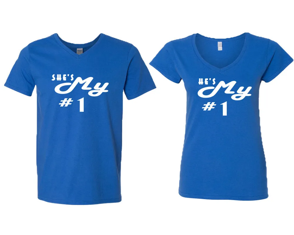She's My Number & 1 He's My Number 1 V-Neck T-Shirts – Couple Matching Styles Sold Separately | Available in Multiple Sizes & Colors