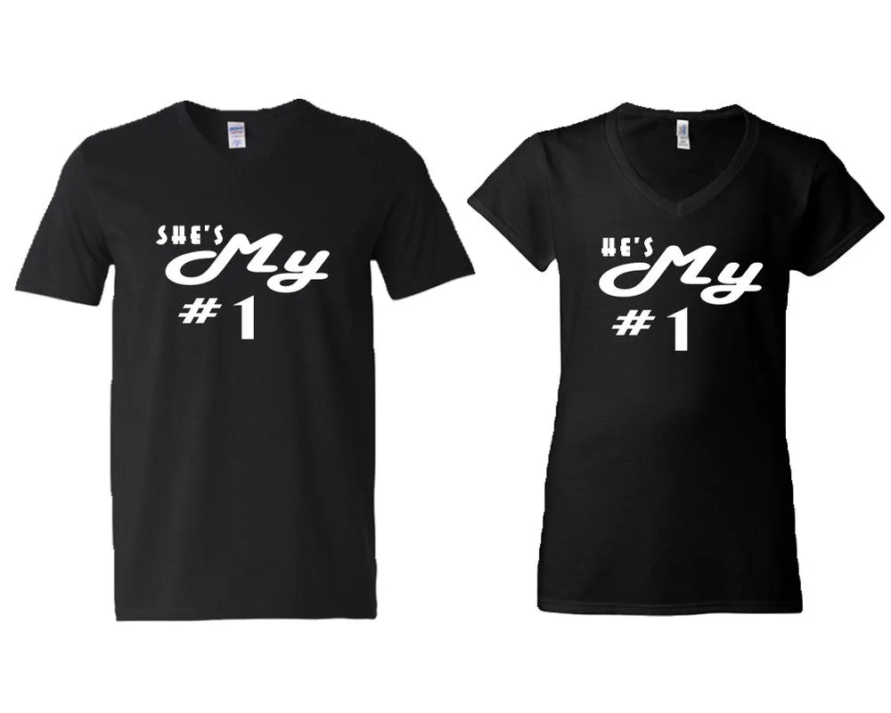 She's My Number & 1 He's My Number 1 V-Neck T-Shirts – Couple Matching Styles Sold Separately | Available in Multiple Sizes & Colors