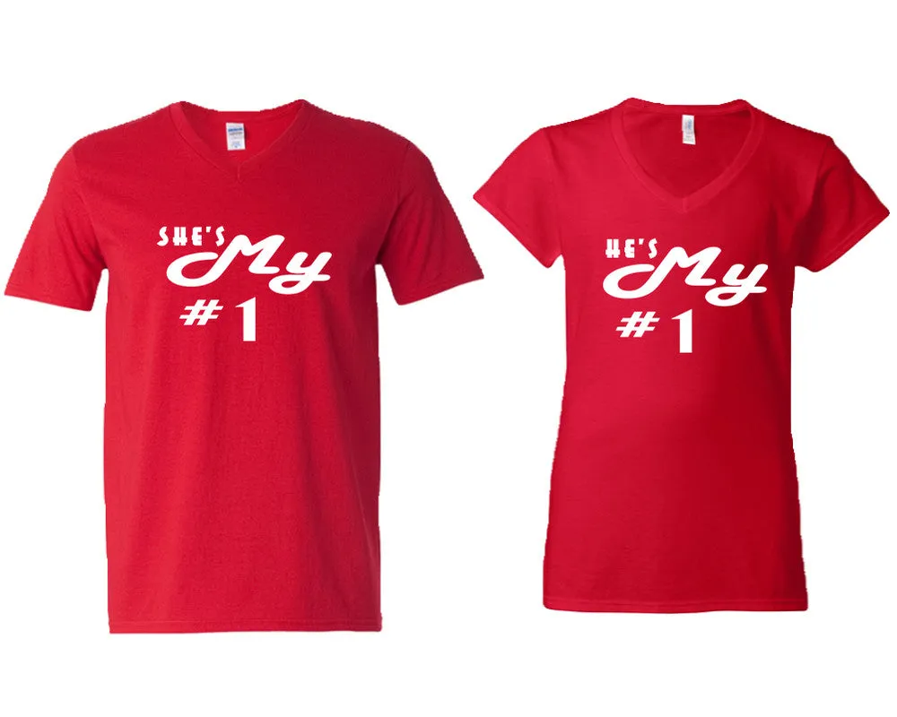 She's My Number & 1 He's My Number 1 V-Neck T-Shirts – Couple Matching Styles Sold Separately | Available in Multiple Sizes & Colors