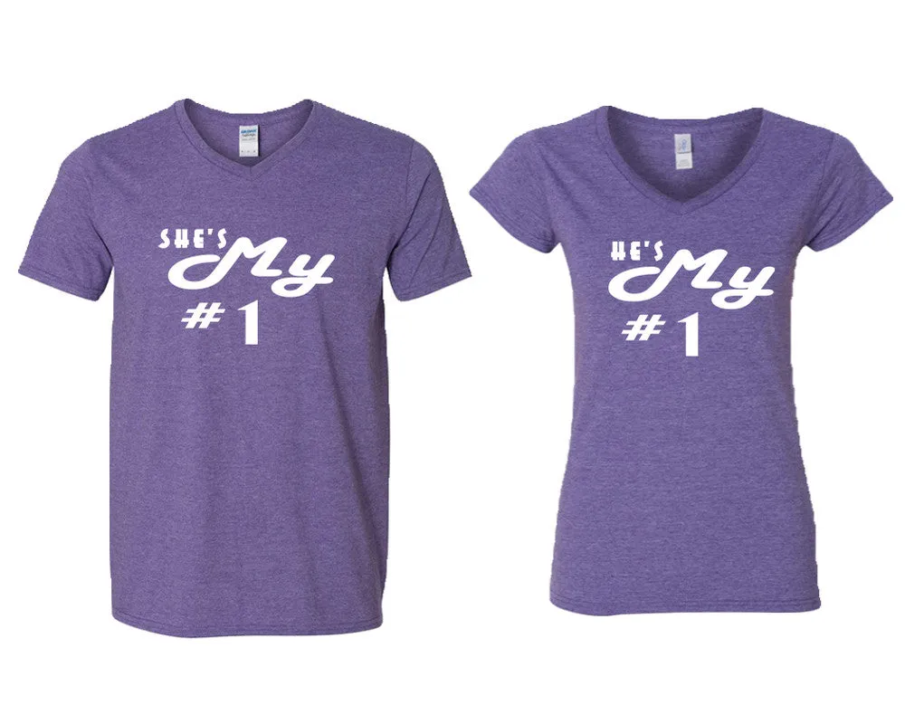 She's My Number & 1 He's My Number 1 V-Neck T-Shirts – Couple Matching Styles Sold Separately | Available in Multiple Sizes & Colors