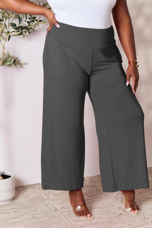 Smocked Waistband Wide Leg Pants- 5 Colors (Pink, Army Green Coffee, Black, Charcoal)