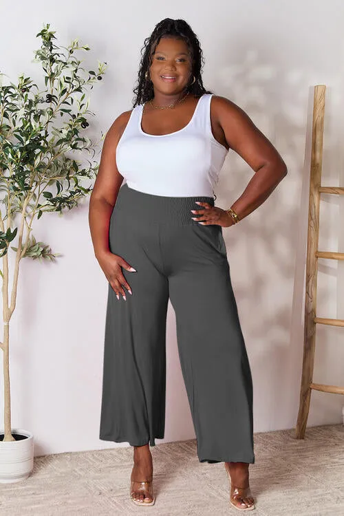 Smocked Waistband Wide Leg Pants- 5 Colors (Pink, Army Green Coffee, Black, Charcoal)