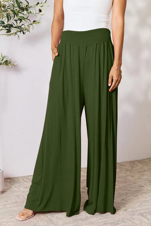 Smocked Waistband Wide Leg Pants- 5 Colors (Pink, Army Green Coffee, Black, Charcoal)