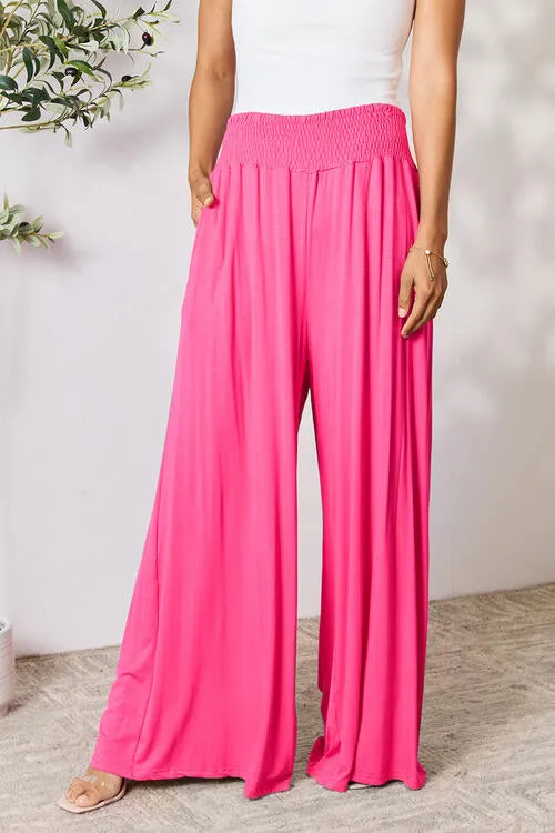 Smocked Waistband Wide Leg Pants- 5 Colors (Pink, Army Green Coffee, Black, Charcoal)
