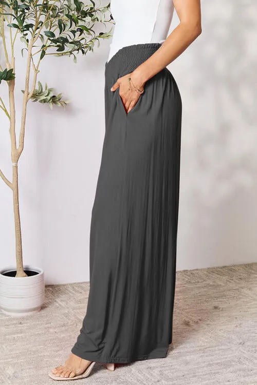 Smocked Waistband Wide Leg Pants- 5 Colors (Pink, Army Green Coffee, Black, Charcoal)