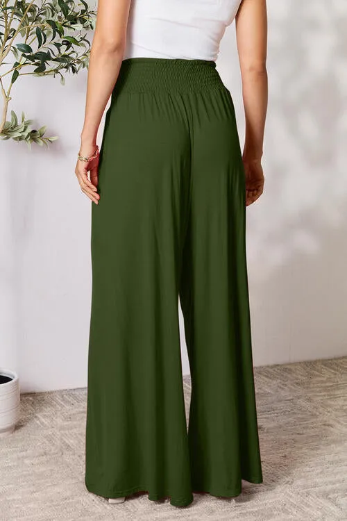 Smocked Waistband Wide Leg Pants- 5 Colors (Pink, Army Green Coffee, Black, Charcoal)